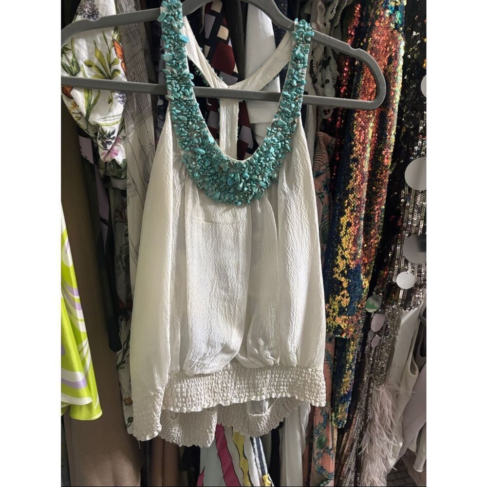 Y2K Bebe vintage Embellished Scoop Neck White Tank Top with Turquoise bead sz S